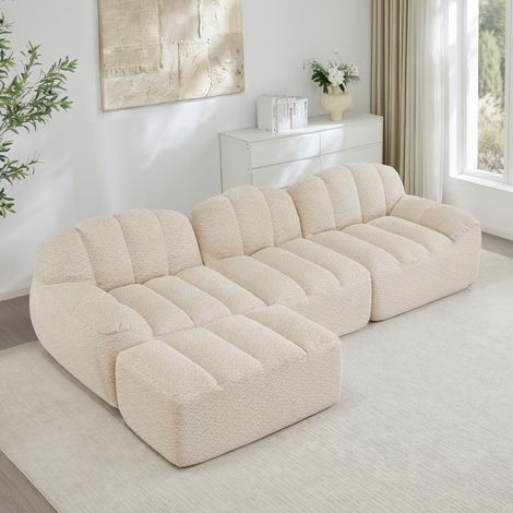 Sofá modular esquinero de 3 plazas beige blanco con otomana, espuma 32D y tejido texturizado (1/5)