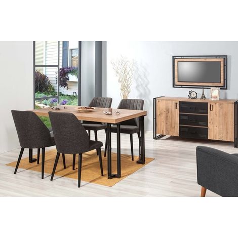 Azura Home Design – Salle à manger complète Rio anthracite 4 places – Table 160x85cm – Buffet 160x45cm – Chaises acrylique et bois (1/5)