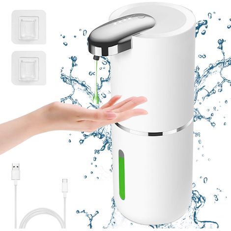 Distributeur Savon Automatique Liquide, 380ml Distributeur Savon Douchet, Volume de Liquide Réglable à 4 Niveaux, Distributeur de Savon ÉLectrique Mural pour Salle de Bain, Cuisine, Blanc (1/5)