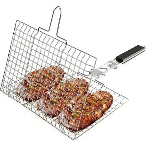 Support pour barbecue pliable et portable en acier inoxydable avec poignée amovible, panier de cuisson et accessoires de barbecue. (1/5)