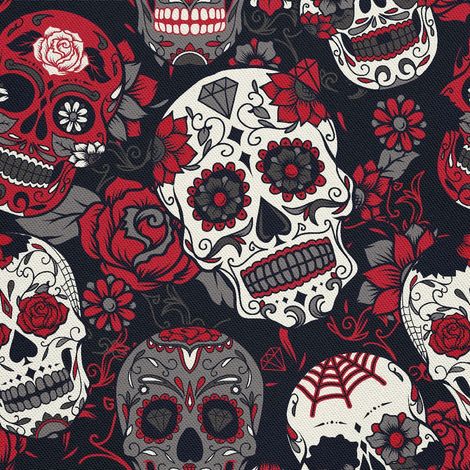 Tela Oxford decorativa para exteriores con estampado de calaveras y motivos florales. (1/5)