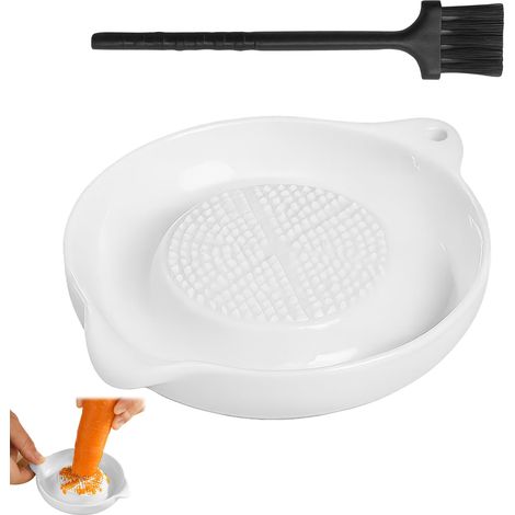 Cercles en céramique orbicular blancs, assiette à râper en céramique avec brosse, râpe à ail à dents tranchantes pour la cuisine familiale, la compote de pommes, le citron, le gingembre, le jus (1/5)