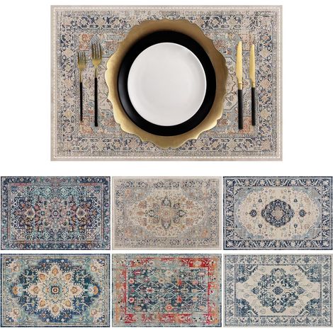 6-teiliges Tischset im Bohème-Stil, 30 x 45 cm, waschbar, handgenähtes bedrucktes Leinen, rutschfest, geeignet für Küche, Wohnzimmer, Esszimmer und Bar