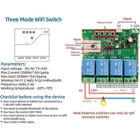 Interrupteur intelligent EWeLink 4 canaux, module de relais à contact sec sans fil WiFi Bluetooth avec télécommande via application, 7-32 V (1/5)
