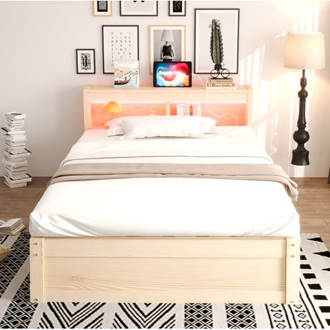 MEUBLIV Lit 90x200 cm couleur bois – avec rangement, LED et prise, sans matelas (1/5)