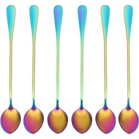 Cuillères à café, lot de 6, couleurs arc-en-ciel, cuillères à café à long manche, cuillères à dessert, cuillères à cocktail, cuillères à mélanger, tête pointue (1/5)