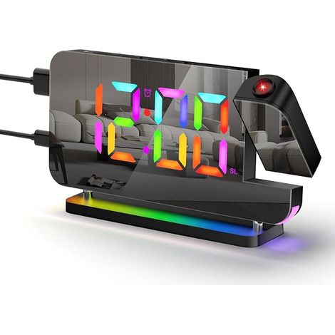 Homealexa LED-Projektions-Spiegelwecker – Digitaler Wecker mit 6 Helligkeitsstufen, Spiegeloberfläche, Schlummerfunktion, 180°-Projektionsrotation, 12-/24-Stunden-Zeiteinstellung, USB-Ladeanschluss, S (1/5)