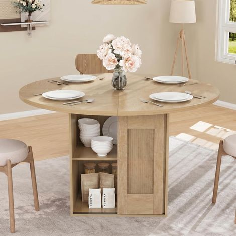 BALOVEBY - Table à Manger Ronde120cm avec Rangement Coulissant & Étagère 2 Niveaux, Style Fermier Bois, Pour 4 à 6 Personnes, Bois (1/5)