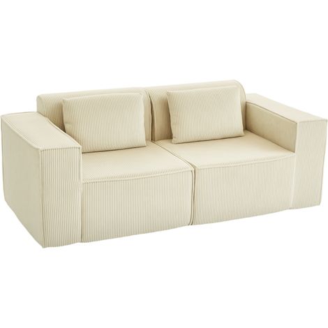 HOMCOM sofá de 3 plazas, 202 cm, tapizado en pana, acolchado grueso, asiento extra profundo, reposabrazos anchos, montaje rápido, 2 almohadas, beige