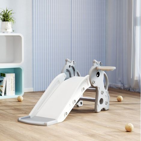 Toboggan pour enfants 3 en 1 en forme de girafe avec panier de basket, ballon et échelle d'escalade, gris, en plastique HDPE, pour l'intérieur, dès 1 an - CHICFURN (1/5)