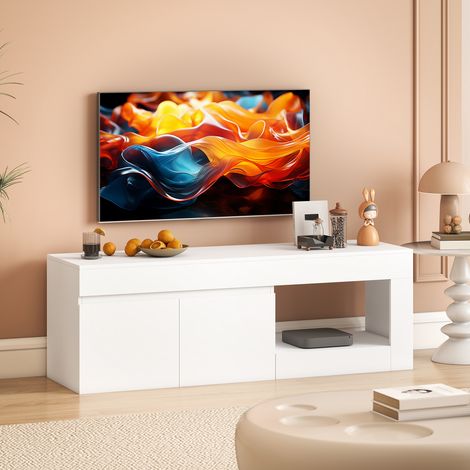 Mueble de TV Moderno para Salón con 2 Puertas Estante Abierto para Televisión 60 Pulgadas 140x40x48 cm Blanco (1/5)