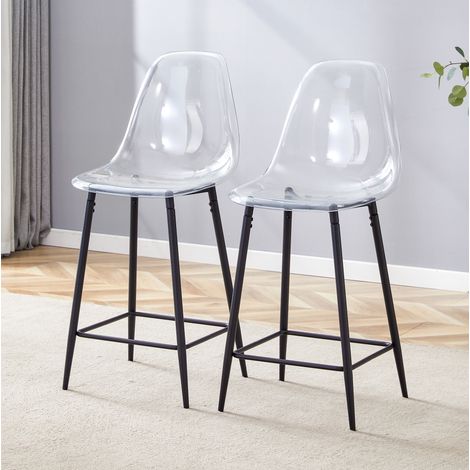 Tabouret de bar moderne, assise transparente avec repose-pieds, structure en métal noir, plastique (1/5)