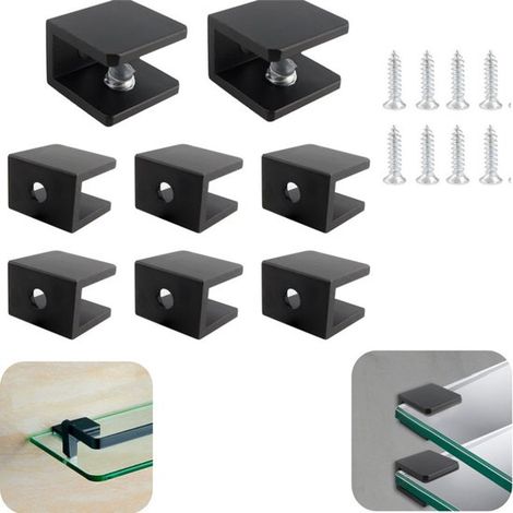 Supports d'étagère en verre lot de 8 - équerres carrées 1,95 x 1,8 cm avec vis, noires (1/5)