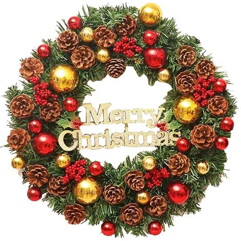 1 Couronne Noël, Rotin tressé, 30 cm, Pommes de pin, Porte Vitrine (1/5)