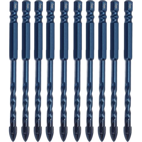 Lot de 10 forets à pointe en croix carbure queue hex 1/4 pouce pour carrelage marbre verre bleu foncé trou 6mm (1/5)