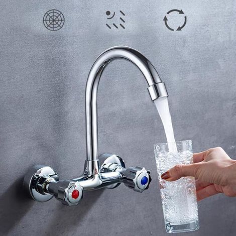 Robinet mitigeur de cuisine mural 360° en cuivre Hauteur 24,5 cm Finition chromée Double usage eau chaude/froide (1/5)
