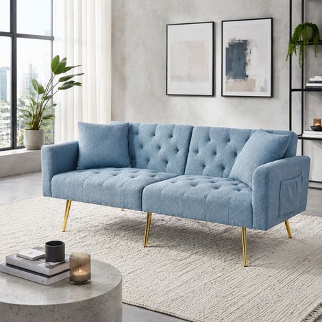 Canapé convertible 2 places en fausse fourrure – Dossier réglable 3 positions– Pieds métal –Dimensions 177×78×74 cm – Pour petits espaces – Bleu (1/5)