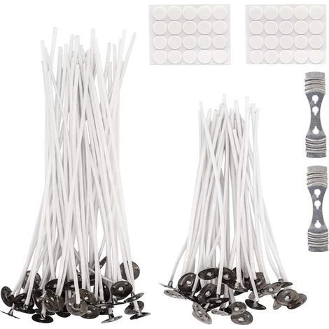 Mèches De Bougie De Soja 200pcs Avec 2 Supports Métalliques Et 40pcs Points Collants Pour Bougie Diy (10,5cm Et 13,5cm) (1/5)