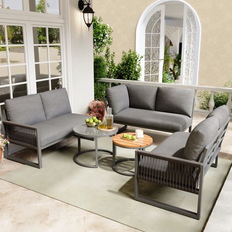 Ensemble salon de jardin 6-7 personnes, canapé d'angle en fer galvanisé avec coussins gris, pieds réglables – extérieur et terrasse (1/4)