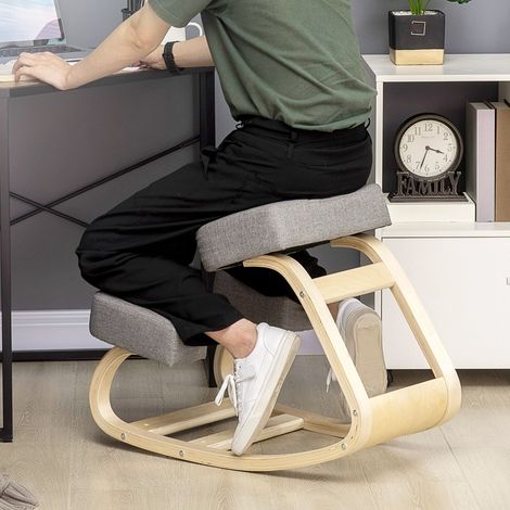 Sedia Ergonomica Inginocchiata, Seduta Regolabile per Ufficio e Meditazione, Imbottitura in Schiuma, Legno Grigio (1/5)