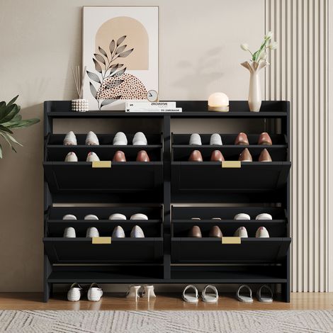 Meuble de rangement chaussures design, 4 casiers rabattables, étagère autoportante noire avec niches ouvertes, pour entrée ou couloir, dimensions : L110 x H90 x P24 cm