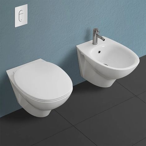 Sanitari sospesi Rimless Morning scarico a parete e sedile originale (1/5)