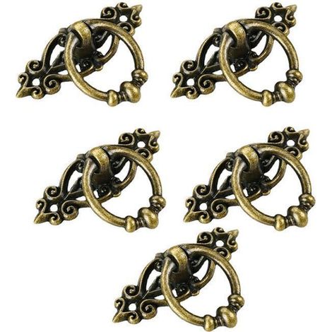 Lot de 5 poignées vintage pour porte de tiroir, placard ou meuble, en fer doré et laiton antique. (1/5)