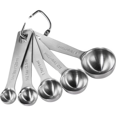Set di 5 cucchiai dosatori in acciaio inox per misurare solidi e liquidi, con tacche chiare e facili da leggere. (1/2)