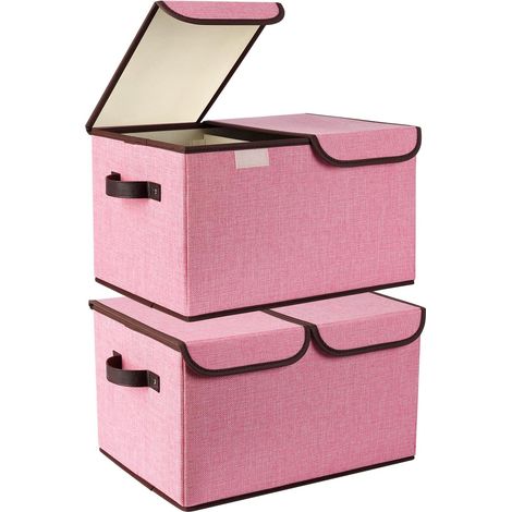 Boite Rangement Tissu 30L 2 Pièces, Boite Rangement Vetement avec 2 Couvertures, Pliable avec Cloison Amovible Rose Pour les Vêtements, Jouets, Livres
