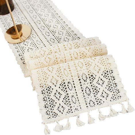 Nappe de table en coton avec broderie dentelle, 24 x 300 cm, beige, idéale pour déco de table, tissu doux et résistant, lot de 1 pièce (1/5)