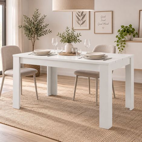 Tavolo Fisso Luarca, 6 Posti, Ripiano Effetto Dogato, Forma Rettangolare, 135x80x76h cm Bianco Opaco