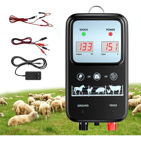 Électrificateur de clôture électrique 12 V 2 J, portée de 15 km IP44, isolateurs pour testeurs de clôture électrique, pour chevaux, bovins, porcs et chèvres, 3 modes d'alimentation (noir) (1/5)