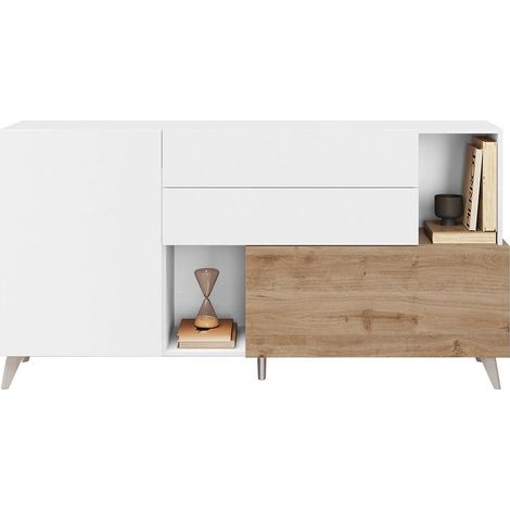 CARLO - Buffet 2 portes 2 Tiroirs Laqué Blanc et Aspect Bois Finition Cadiz (1/3)