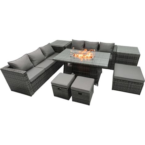 Fimous Ensemble de meubles de jardin en rotin ave Table de foyer à gaz 9 places Ensemble de canapés avec 2 Tables d'appoint 3 Tabourets (1/5)