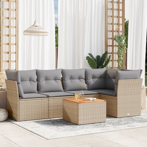 6-tlg. Garten-Sofagarnitur mit Kissen Beige Poly Rattan (1/3)