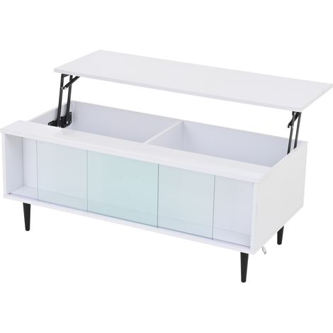 Table basse relevable 105 x 50 x 43 cm avec rangement caché, table de salon avec LED, table basse avec rangement et espace d’exposition en verre trempé, blanc avec 4 pieds (1/5)