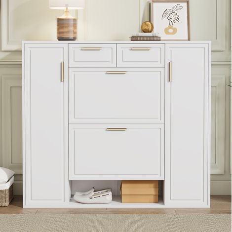Schuhschrank 120x24x107 cm Weiß aus MDF und Spanplatte mit verstellbaren Regalen und 2 Schubladen (1/5)