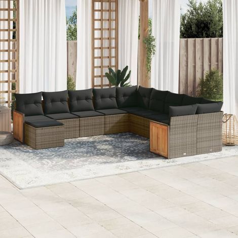 Ensemble canapé de jardin 11 pièces gris en résine tressée, structure acier, coussins amovibles, modulaire, meuble terrasse extérieur (1/5)