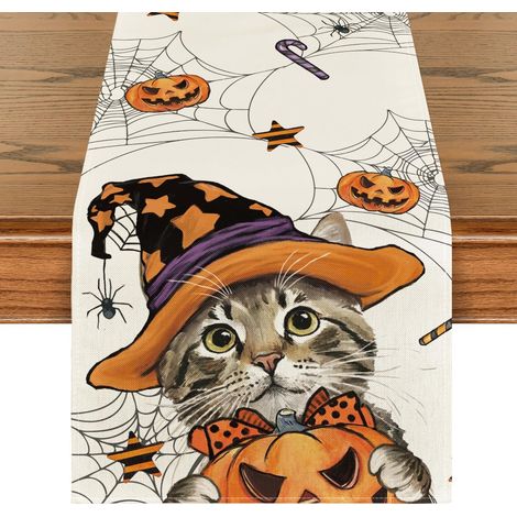 Runner Tavola Halloween Gatto Zucca Arancione Bianco 40x240 cm (1/5)