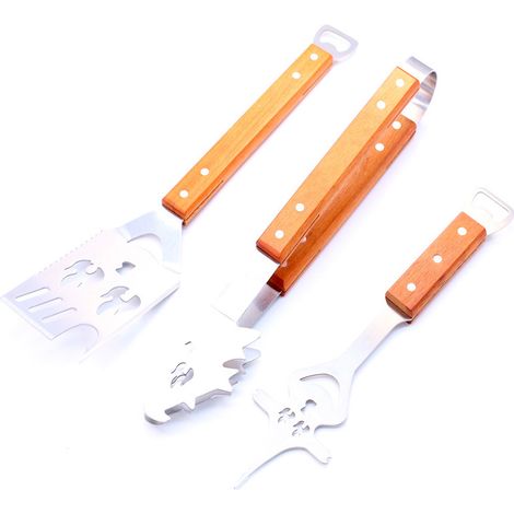 Set 3 ustensiles de barbecue en acier inoxydable avec manche en bois, spatule + pince + fourchette, ouvre‑bouteille intégré pour grill extérieur