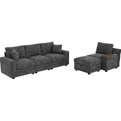 Sofá modular en L gris con otomana, almacenaje, puertos USB/Type-C y mesa giratoria 360° (1/5)