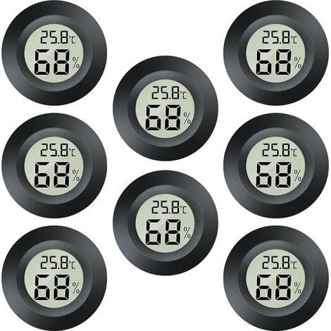 Mini-2-in-1-LCD-Thermometer und -Hygrometer für den Innen- und Außenbereich, Gewächshaus, Keller, schwarz, rund, 8 Stück