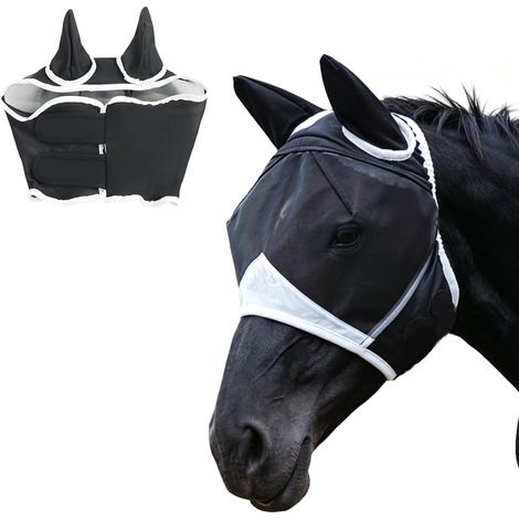 Masque Anti-Mouches pour Cheval avec Oreilles, Noir Polyester Résistant, Bordures Blanches, Protection Visage (1/5)