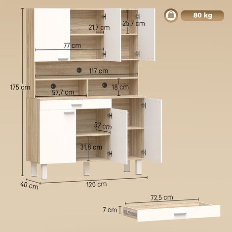 Buffet haut cuisine, armoire de cuisine, 6 portes, tiroir et étagères ouvertes, 120x40x175cm, blanc et bois naturel (1/5)
