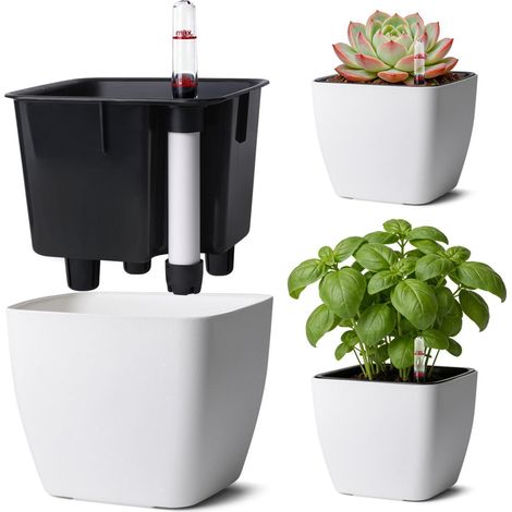 Eckiger Selbstbewässerungstopf 12,5cm mit Wasserstandsanzeige, Weiß (1/5)