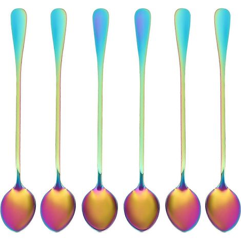 Cuillères à café, lot de 6, couleurs arc-en-ciel, cuillères à café à long manche, cuillères à dessert, cuillères à cocktail, cuillères à mélanger, tête pointue (1/4)