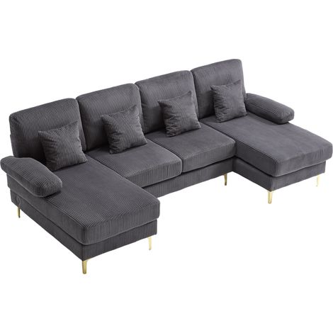 Canapé U en velours gris avec LED d’ambiance, port USB-C, structure en bois, 4 coussins et dossier ergonomique, confort premium pour salon moderne  CHICFURN (1/5)