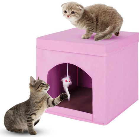 Maison pour chat pliante et confortable, niche d'intérieur pour petit animal avec jouet intégré, 33x33x33 cm, rose (1/5)