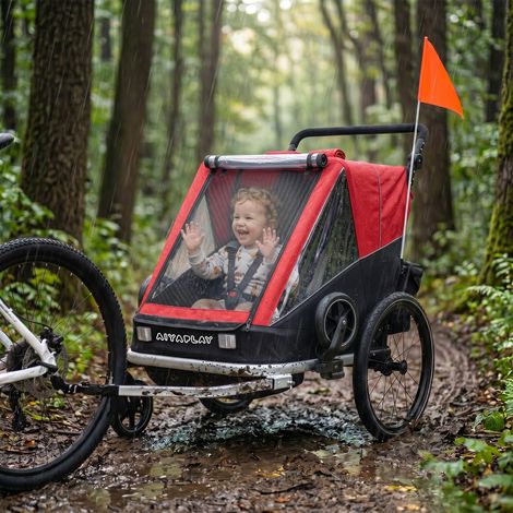 Remorque pour enfants, 2 places, remorque vélo enfant pliable 2-en-1 avec siège réglable et ceintures, Rouge (1/5)