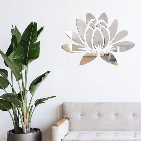 3D Acrylique Miroir Fleur de Lotus Sticker Mural Stickers Muraux Auto-Adhésif Amovible pour la Maison Chambre Salon Salle de Bains Décoration 13.7 x 9.8 Pouces, Argente
